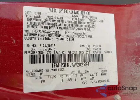 2010 Ford Focus Se из США, поврежденный, VIN 1FAHP3FN9AW202584